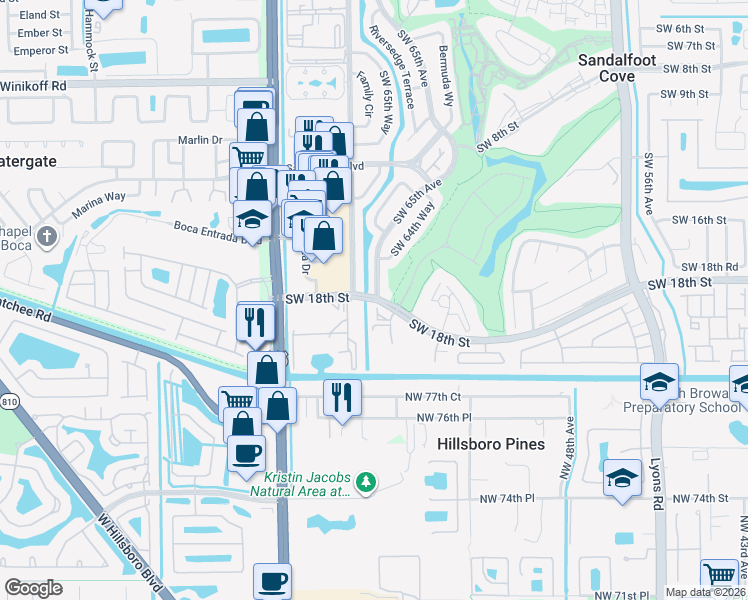 map of restaurants, bars, coffee shops, grocery stores, and more near in Sandalfoot Cove