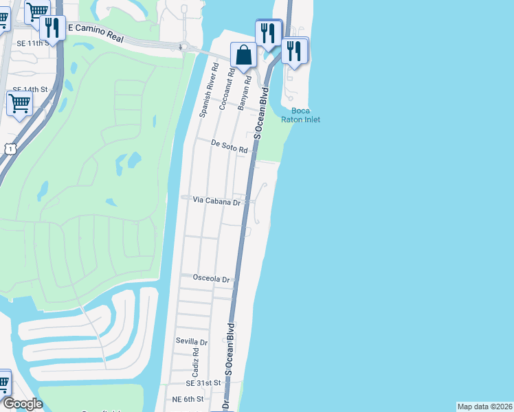 map of restaurants, bars, coffee shops, grocery stores, and more near 1299 Via Cabana in Boca Raton