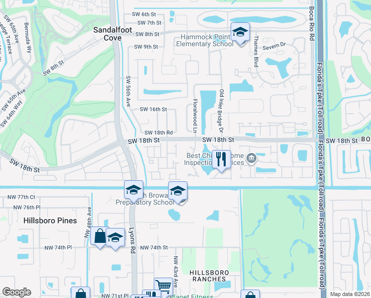 map of restaurants, bars, coffee shops, grocery stores, and more near 23312 Southwest 53rd Avenue in Boca Raton