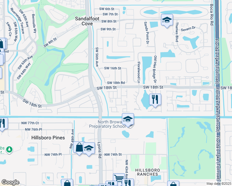 map of restaurants, bars, coffee shops, grocery stores, and more near 23286 Southwest 54th Way in Boca Raton