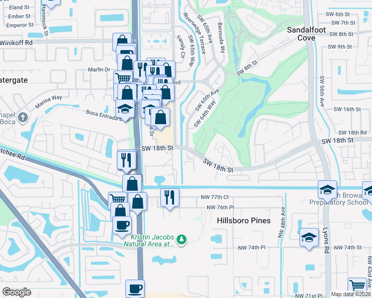 map of restaurants, bars, coffee shops, grocery stores, and more near in Sandalfoot Cove