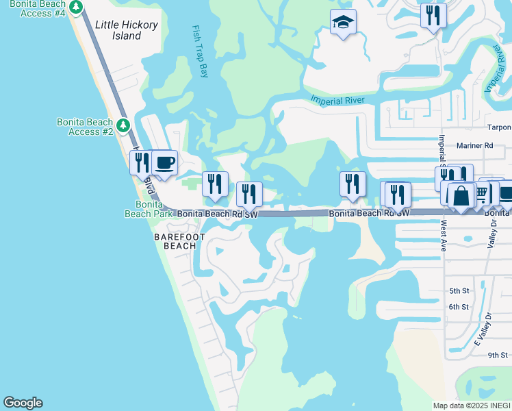 map of restaurants, bars, coffee shops, grocery stores, and more near 5250 Bonita Beach Road Southwest in Bonita Springs