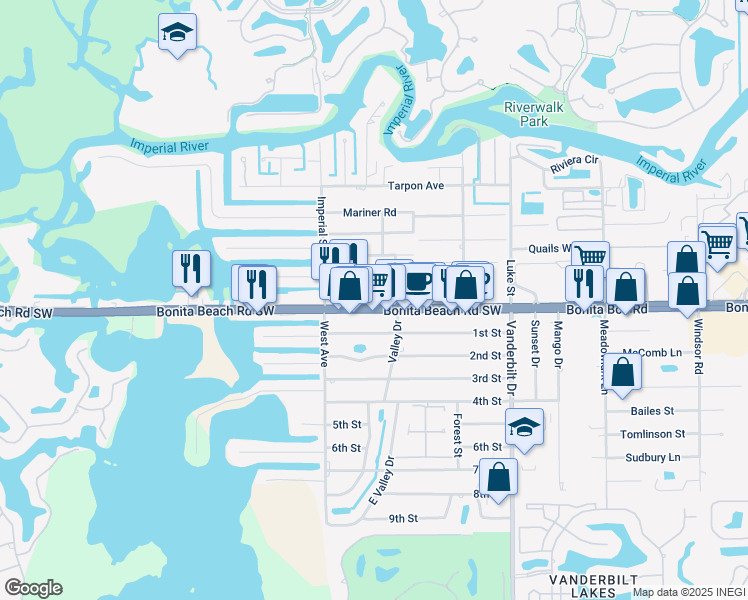 map of restaurants, bars, coffee shops, grocery stores, and more near 4366 Bonita Beach Road Southwest in Bonita Springs