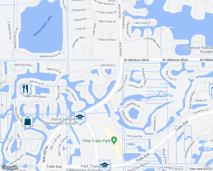 map of restaurants, bars, coffee shops, grocery stores, and more near 8116 Northwest 106th Lane in Parkland