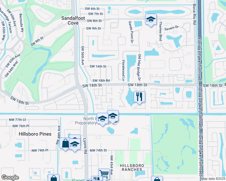 map of restaurants, bars, coffee shops, grocery stores, and more near 23312 Southwest 53rd Avenue in Boca Raton