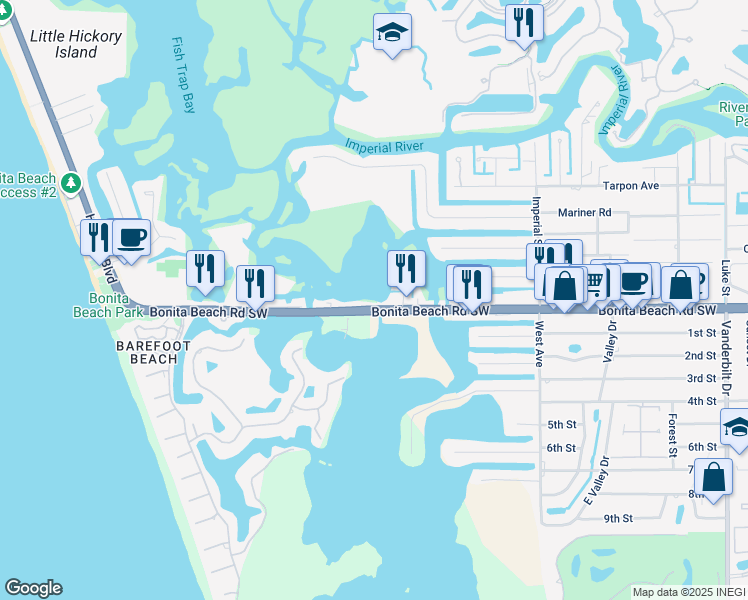 map of restaurants, bars, coffee shops, grocery stores, and more near 4934 Bonita Beach Road Southwest in Bonita Springs