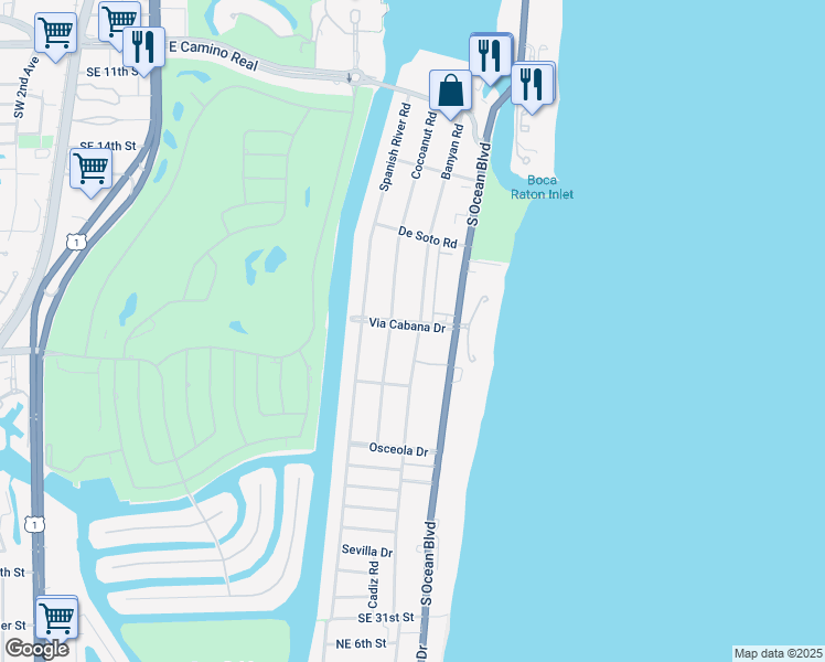 map of restaurants, bars, coffee shops, grocery stores, and more near 850 Via Cabana in Boca Raton