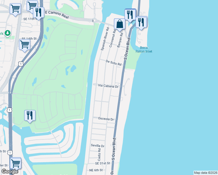 map of restaurants, bars, coffee shops, grocery stores, and more near 850 Via Cabana in Boca Raton