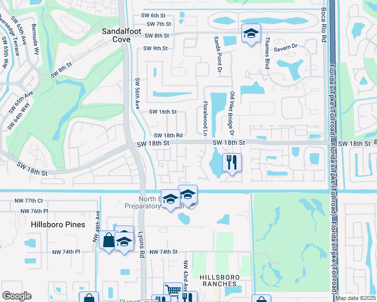 map of restaurants, bars, coffee shops, grocery stores, and more near 23312 Southwest 53rd Avenue in Boca Raton