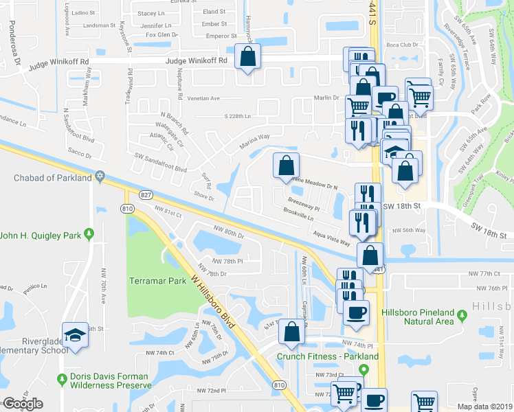 map of restaurants, bars, coffee shops, grocery stores, and more near 10543 Boca Entrada Boulevard in Boca Raton
