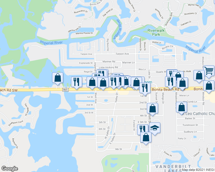 map of restaurants, bars, coffee shops, grocery stores, and more near 4450 Chickee Hut Court in Bonita Springs