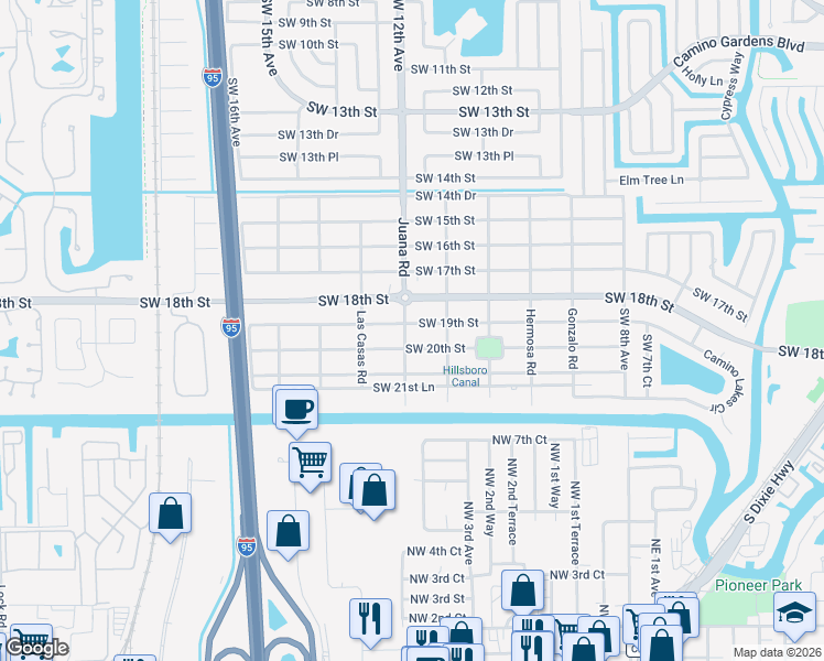 map of restaurants, bars, coffee shops, grocery stores, and more near 1990 Juana Road in Boca Raton