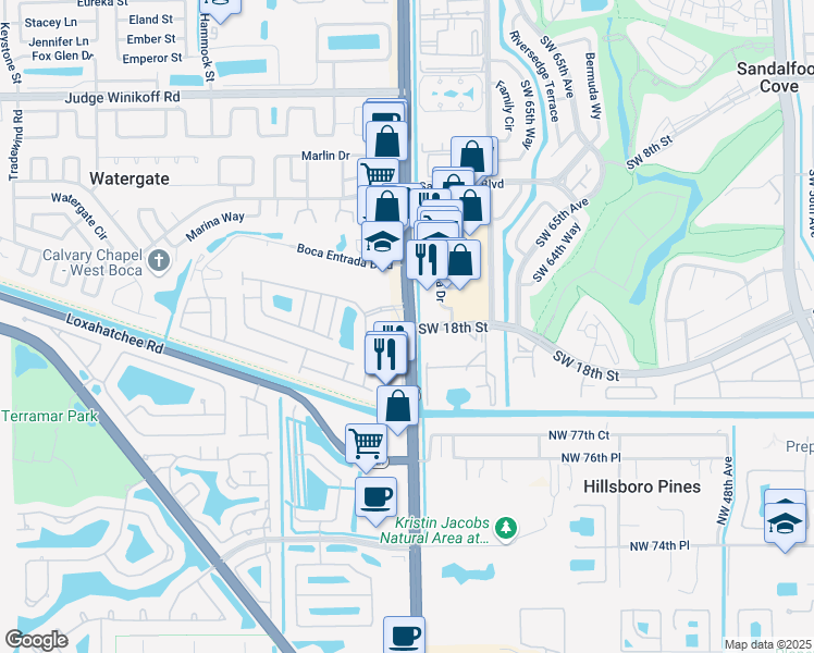 map of restaurants, bars, coffee shops, grocery stores, and more near U.S. 441 & Marina Blvd in Boca Raton
