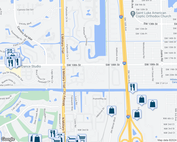 map of restaurants, bars, coffee shops, grocery stores, and more near 5180 Deerhurst Crescent Circle in Boca Raton