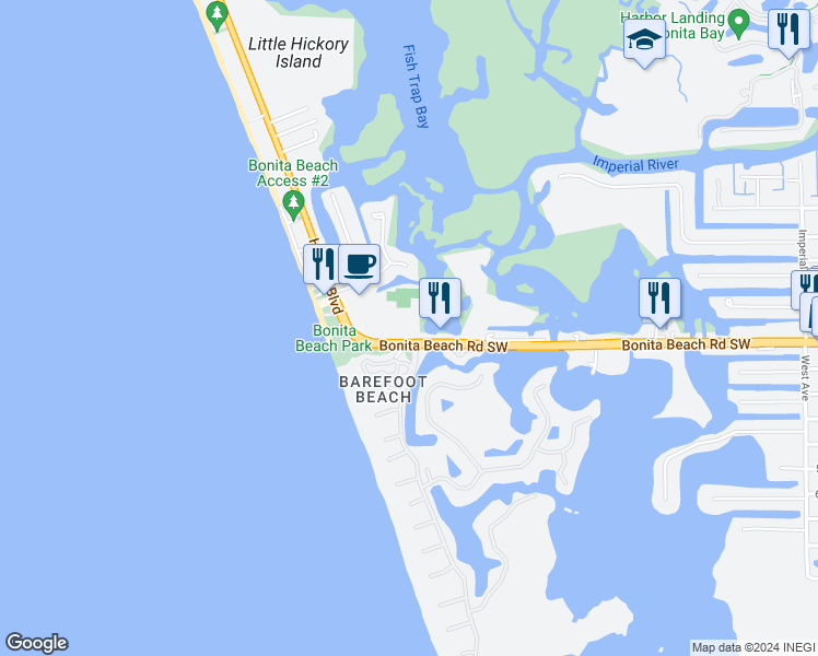 map of restaurants, bars, coffee shops, grocery stores, and more near 5500 Bonita Beach Road Southwest in Bonita Springs