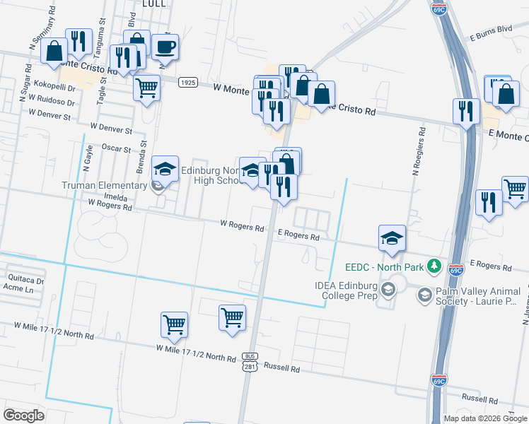 map of restaurants, bars, coffee shops, grocery stores, and more near 2919 North Closner Boulevard in Edinburg