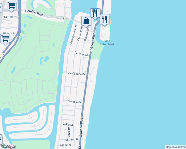 map of restaurants, bars, coffee shops, grocery stores, and more near 1500 South Ocean Boulevard in Boca Raton