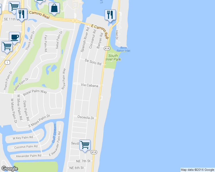map of restaurants, bars, coffee shops, grocery stores, and more near 1500 South Ocean Boulevard in Boca Raton