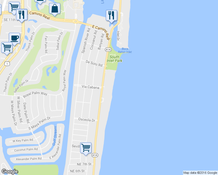 map of restaurants, bars, coffee shops, grocery stores, and more near 1500 South Ocean Boulevard in Boca Raton