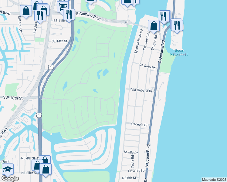 map of restaurants, bars, coffee shops, grocery stores, and more near 2055 Royal Palm Way in Boca Raton