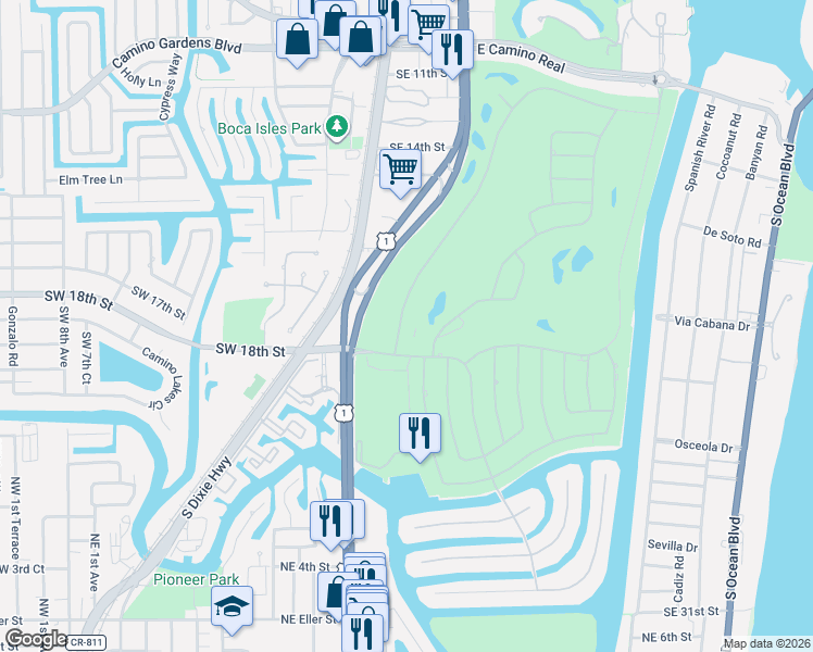 map of restaurants, bars, coffee shops, grocery stores, and more near 2016 Thatch Palm Drive in Boca Raton