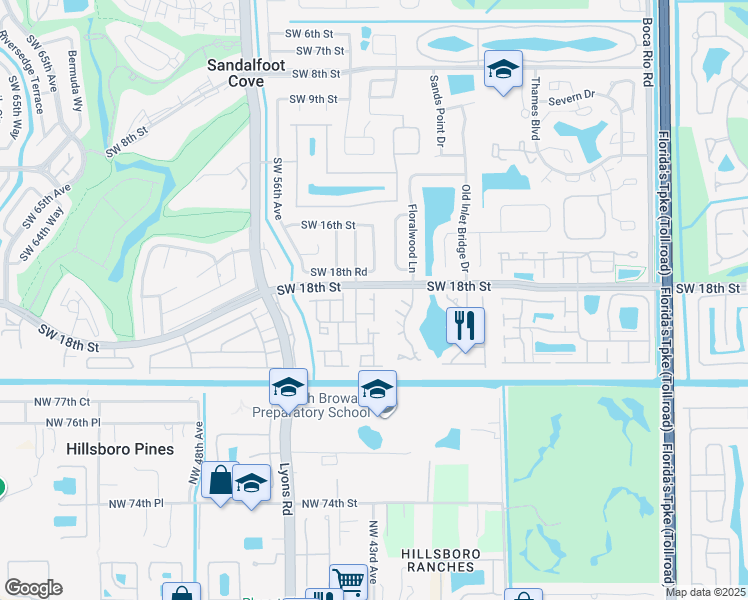 map of restaurants, bars, coffee shops, grocery stores, and more near 23312 Southwest 53rd Avenue in Boca Raton