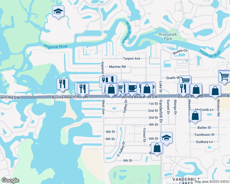 map of restaurants, bars, coffee shops, grocery stores, and more near 4366 Bonita Beach Road Southwest in Bonita Springs