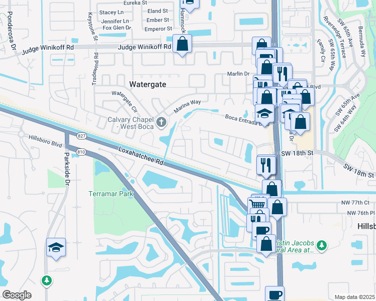 map of restaurants, bars, coffee shops, grocery stores, and more near 10543 Boca Entrada Boulevard in Boca Raton