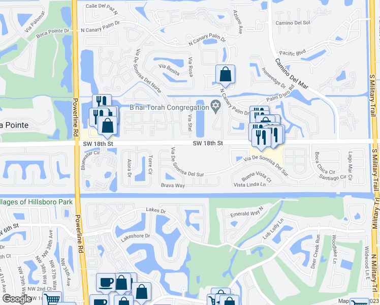 map of restaurants, bars, coffee shops, grocery stores, and more near 6347 Via De Sonrisa Del Sur in Boca Raton
