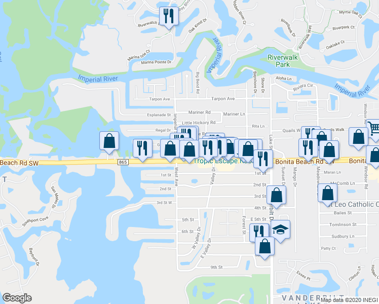 map of restaurants, bars, coffee shops, grocery stores, and more near 4450 Bonita Beach Road Southwest in Bonita Springs