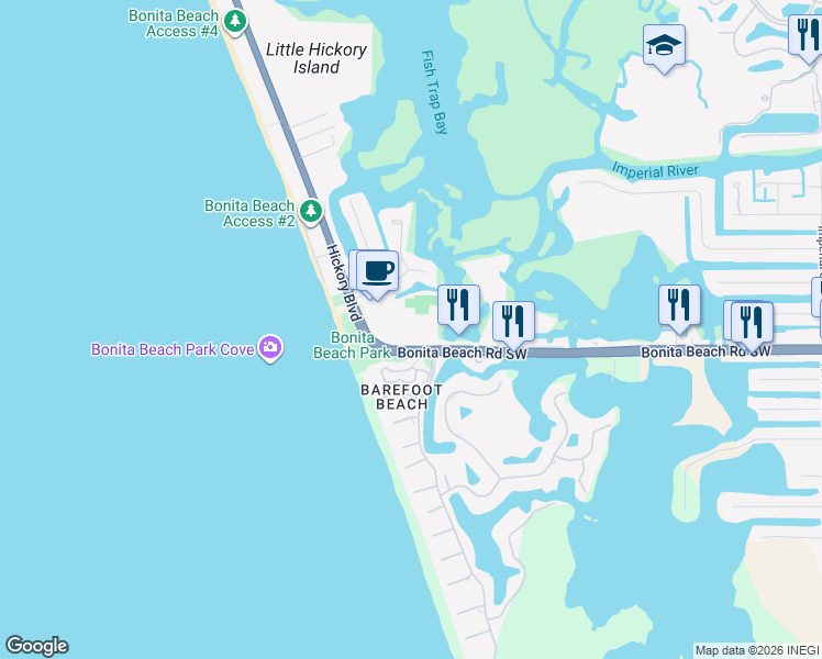 map of restaurants, bars, coffee shops, grocery stores, and more near 5600 Bonita Beach Road Southwest in Bonita Springs