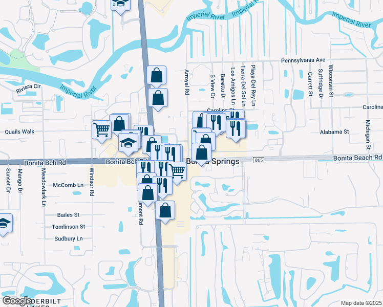 map of restaurants, bars, coffee shops, grocery stores, and more near 9020 Bonita Beach Road Southeast in Bonita Springs