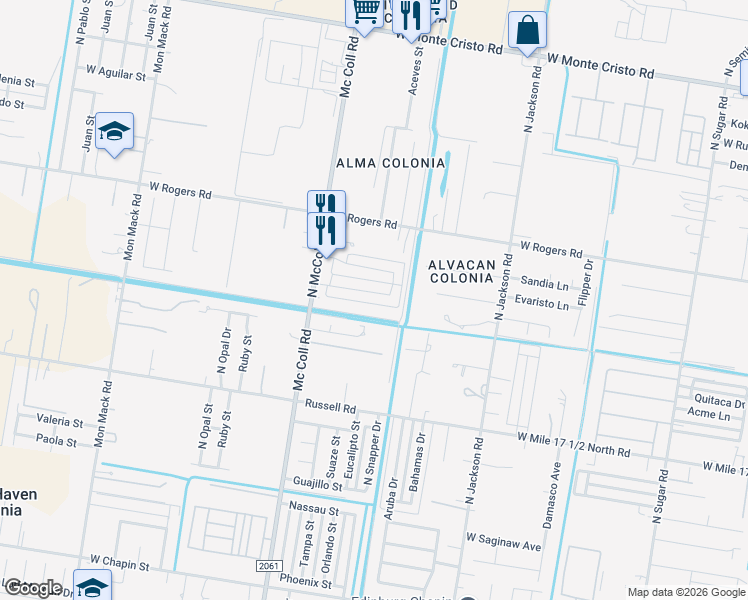 map of restaurants, bars, coffee shops, grocery stores, and more near 2614 Primrose Avenue in Edinburg