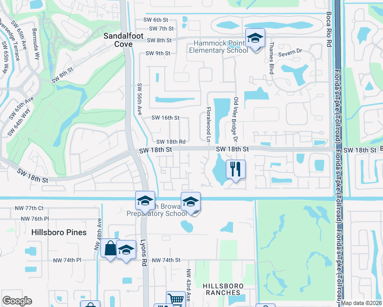 map of restaurants, bars, coffee shops, grocery stores, and more near 23312 Southwest 53rd Avenue in Boca Raton