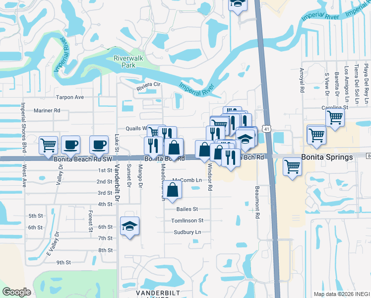 map of restaurants, bars, coffee shops, grocery stores, and more near 3634 Bonita Beach Road Southwest in Bonita Springs