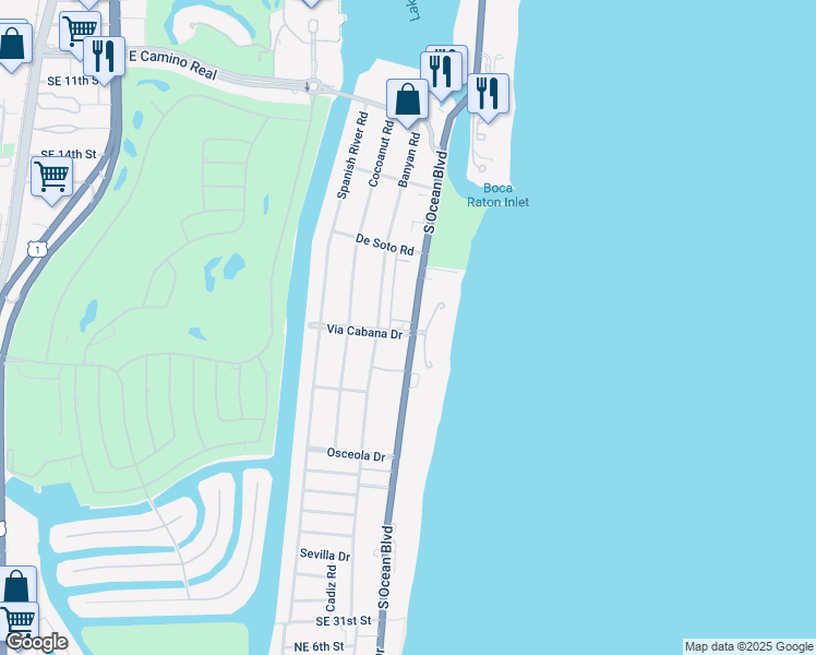 map of restaurants, bars, coffee shops, grocery stores, and more near 1299 Via Cabana in Boca Raton