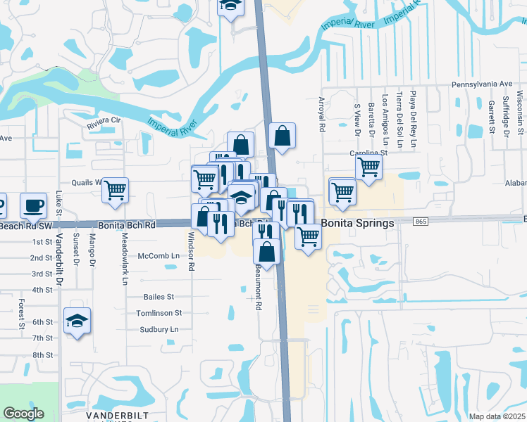 map of restaurants, bars, coffee shops, grocery stores, and more near 3250 County Road 865 in Bonita Springs