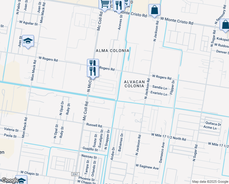 map of restaurants, bars, coffee shops, grocery stores, and more near 2704 Fern Avenue in Edinburg