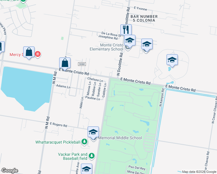 map of restaurants, bars, coffee shops, grocery stores, and more near 5203 North Doolittle Road in Edinburg