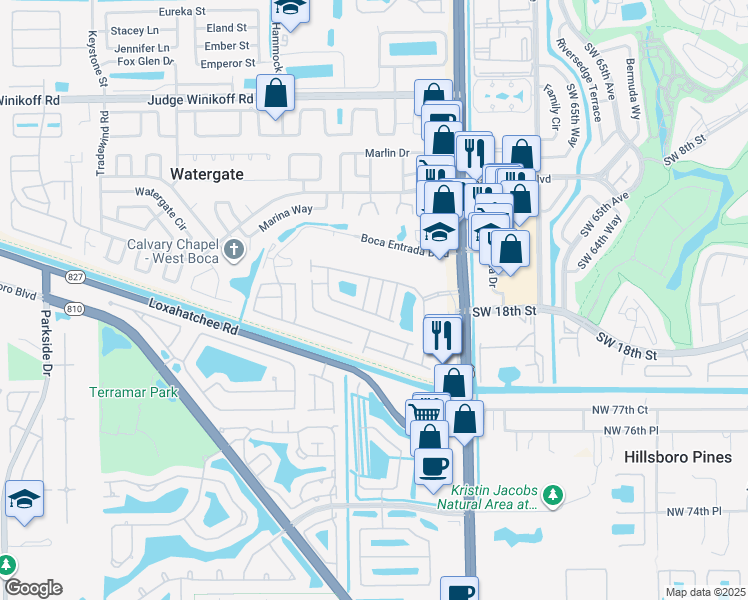 map of restaurants, bars, coffee shops, grocery stores, and more near 23333 Sunview Way in Boca Raton