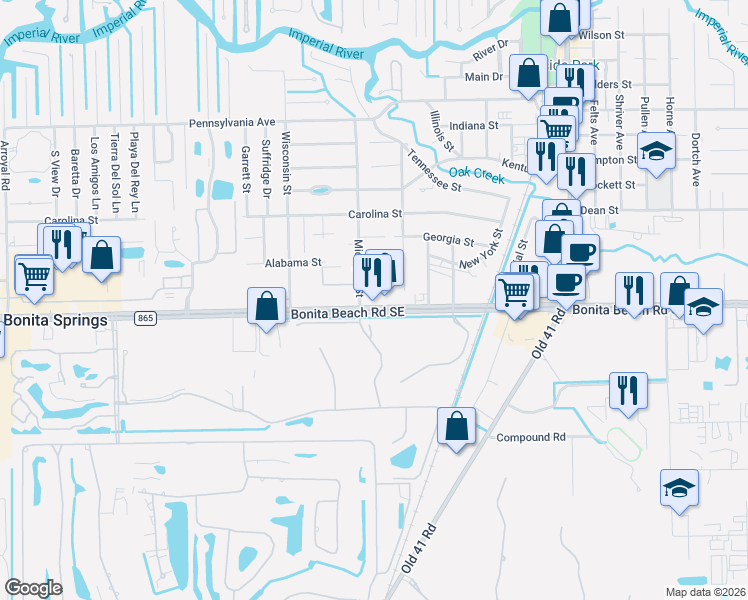 map of restaurants, bars, coffee shops, grocery stores, and more near 9930 Bonita Beach Road Southeast in Bonita Springs