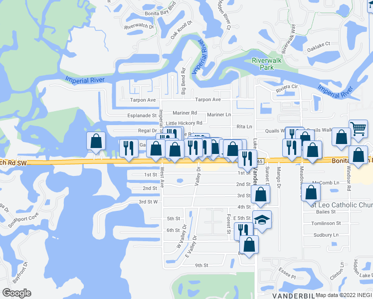 map of restaurants, bars, coffee shops, grocery stores, and more near 4420 Bonita Beach Road Southwest in Bonita Springs