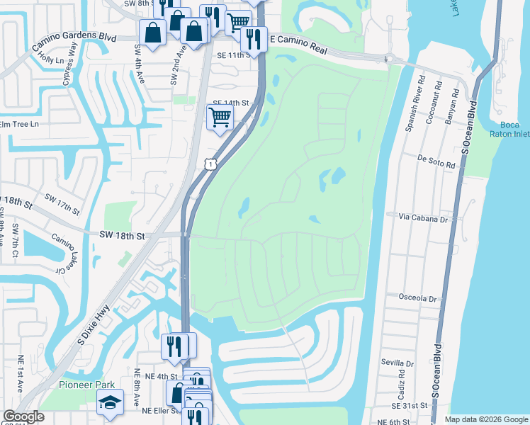 map of restaurants, bars, coffee shops, grocery stores, and more near 1900 Sabal Palm Drive in Boca Raton