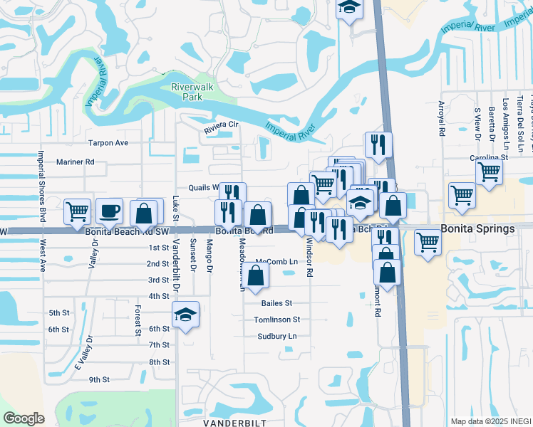 map of restaurants, bars, coffee shops, grocery stores, and more near 3634 Bonita Beach Road Southwest in Bonita Springs