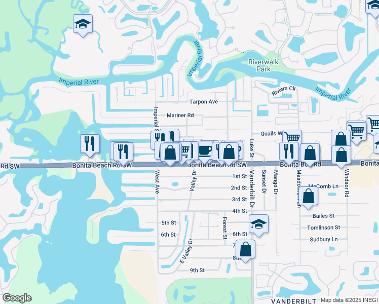 map of restaurants, bars, coffee shops, grocery stores, and more near 4366 Bonita Beach Road Southwest in Bonita Springs