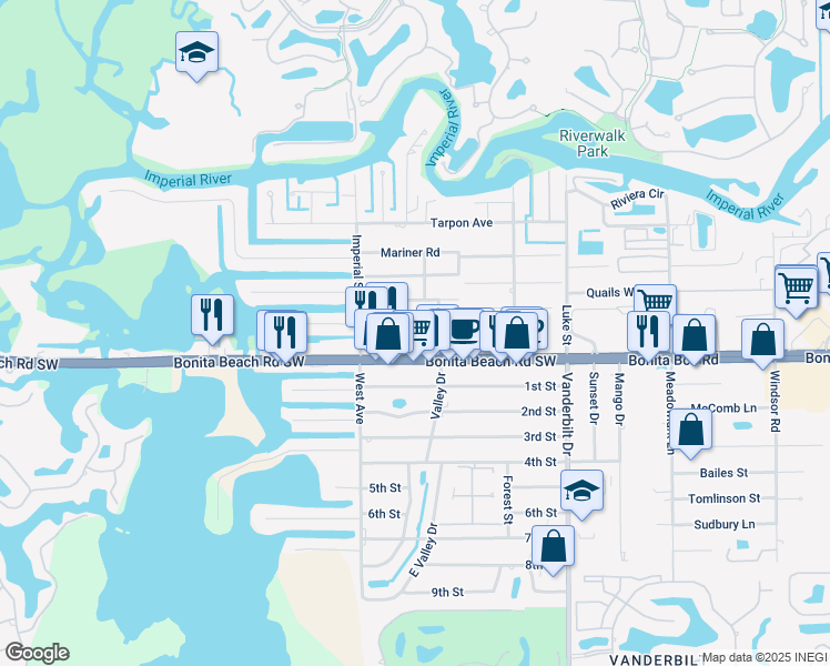 map of restaurants, bars, coffee shops, grocery stores, and more near 4366 Bonita Beach Road Southwest in Bonita Springs