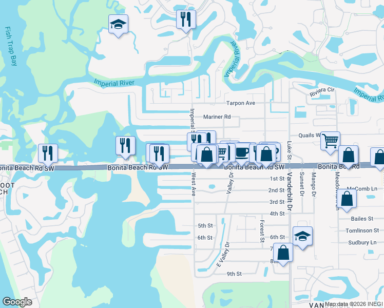 map of restaurants, bars, coffee shops, grocery stores, and more near 4520 Bonita Beach Road Southwest in Bonita Springs