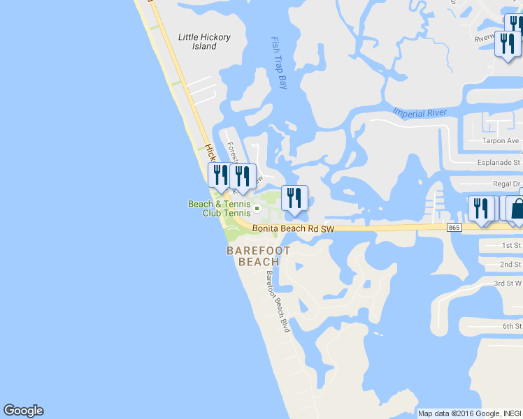 map of restaurants, bars, coffee shops, grocery stores, and more near 5600 Bonita Beach Road Southwest in Bonita Springs