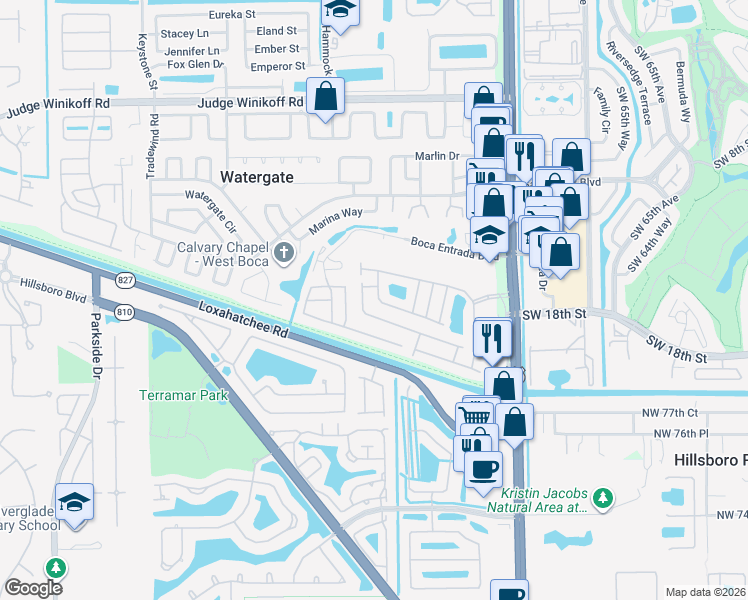 map of restaurants, bars, coffee shops, grocery stores, and more near 10294 Breezeway Place in Boca Raton