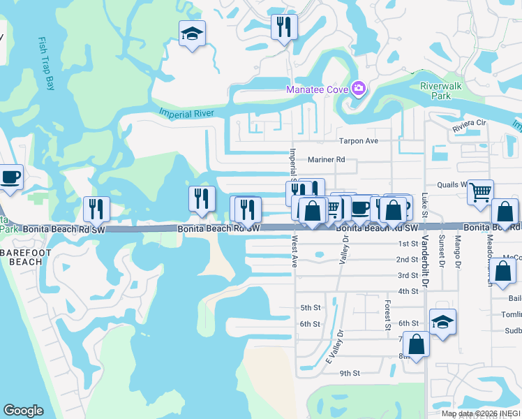 map of restaurants, bars, coffee shops, grocery stores, and more near 4648 Bonita Beach Road Southwest in Bonita Springs